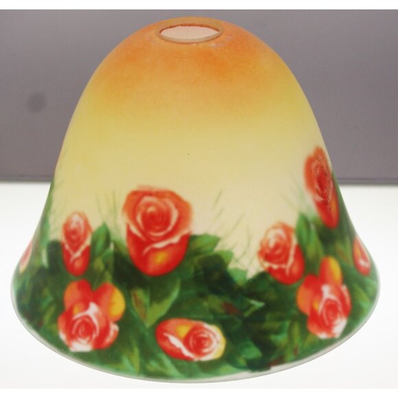 Vtg Reverse Painted Roses Glass Shade ONLY Fluted Bell Shape Victorian Garden